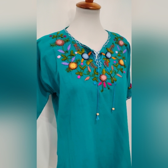 MEXICANA Tops - EMBROIDERED TEAL COTTON BLOUSE